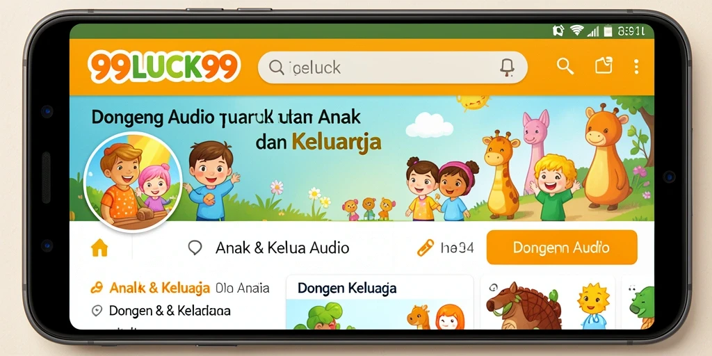 Antarmuka pengguna aplikasi Dongeng Audio 99LUCK99 yang ramah anak.
