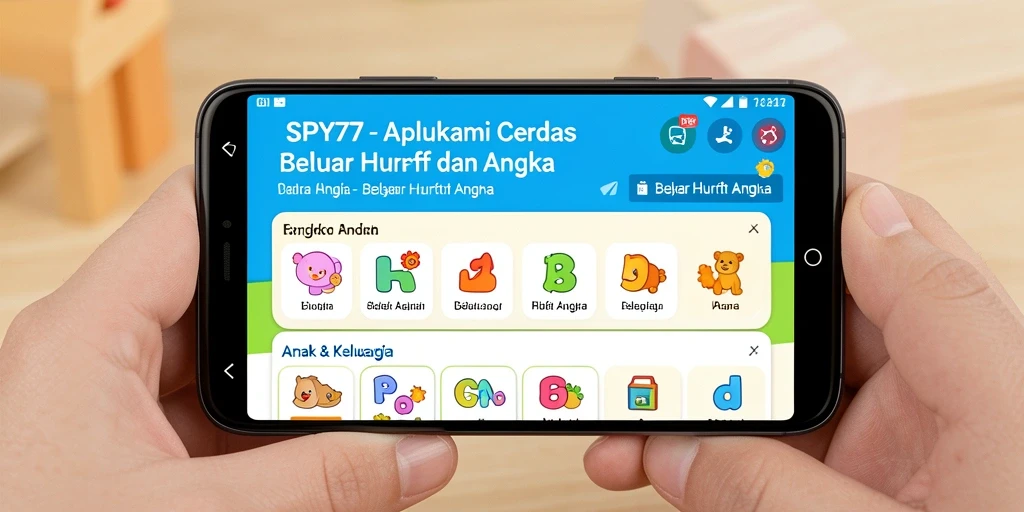 Tampilan antarmuka aplikasi SPY77 dengan fitur Belajar Huruf dan Angka.